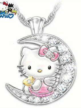 $4>>Hello Kitty Silver-Tone Crescent Moon Pendant with Pink Accents
